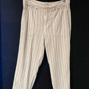 Anthropologie Cream and Blue Striped Cotton pants.